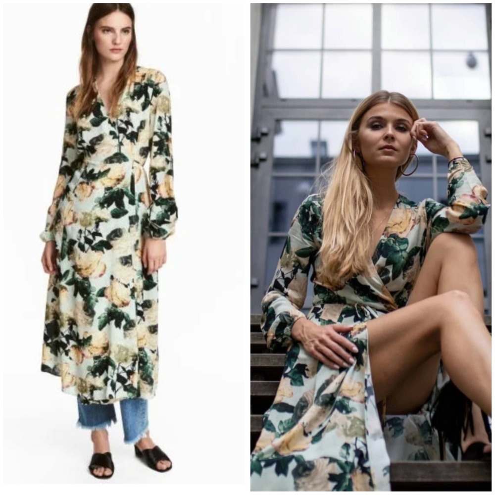 H&M Floral Satin Wrap Maxi Dress Size 12 Rose Bloggers Fave Trend Deep V Neck
